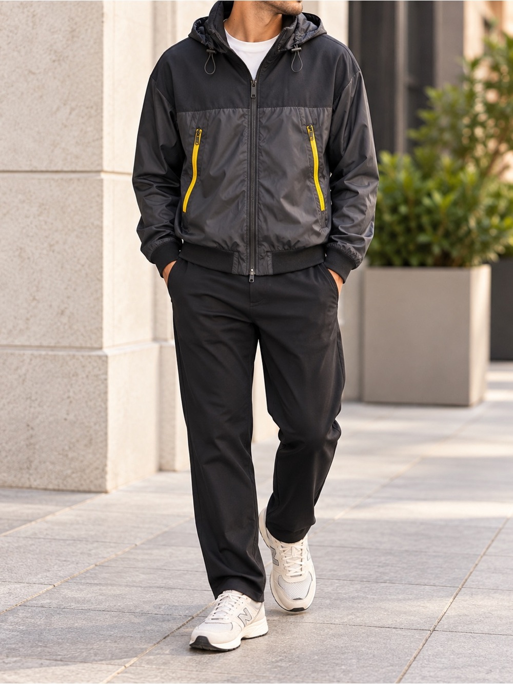 Zara Men’s Hooded Windbreaker Jacket - Gray with Yellow Zips
